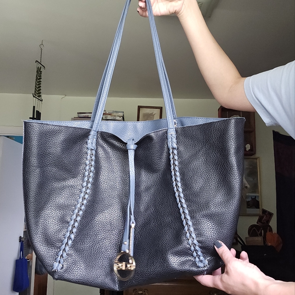BCBG Reversible Black Tote Bag with Double Handles and Stitching Details